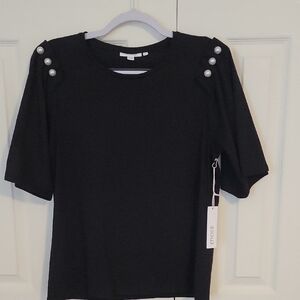 NWT's Chico's Pearl Pleated Black Short Sleeve Top with Pearl Button Details